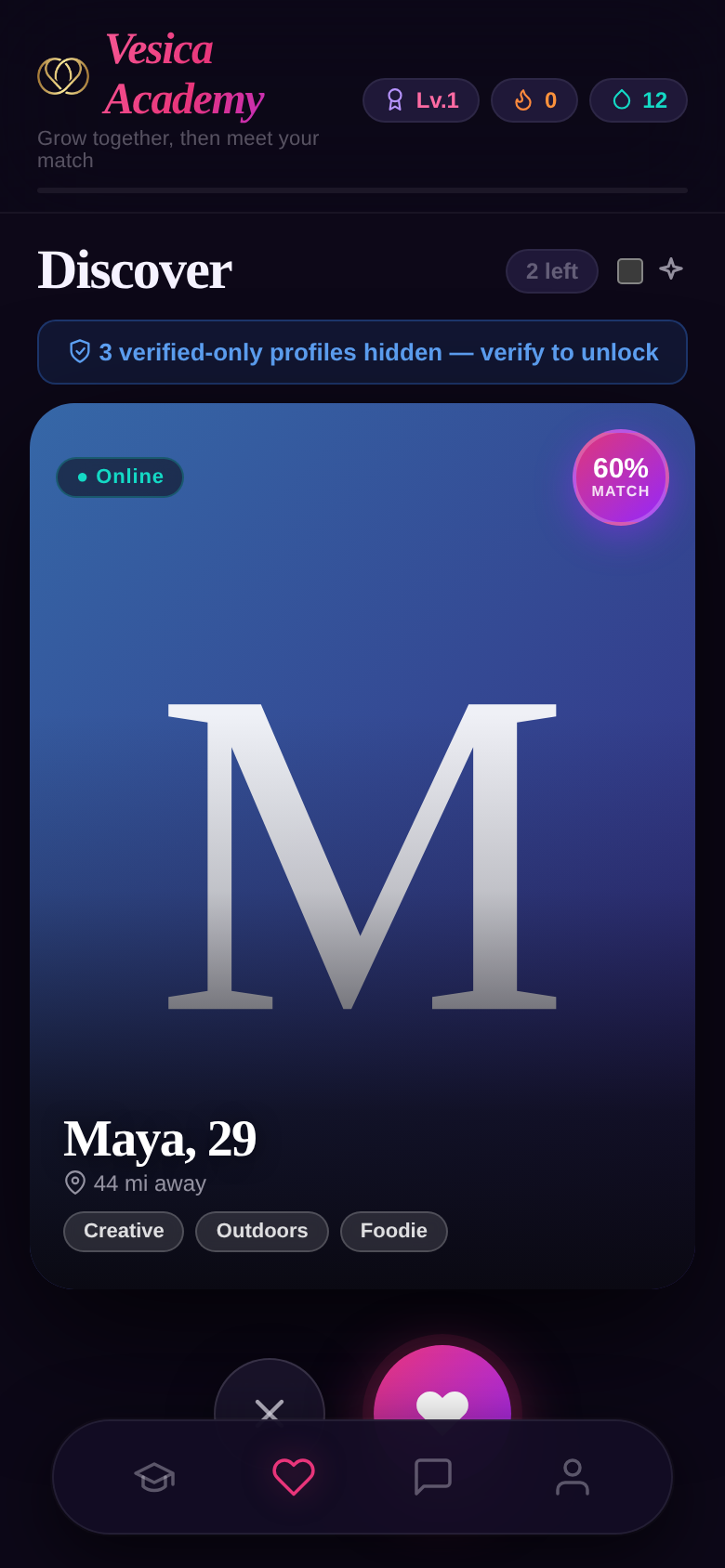 LoveLearn Discover screen with a certified match card